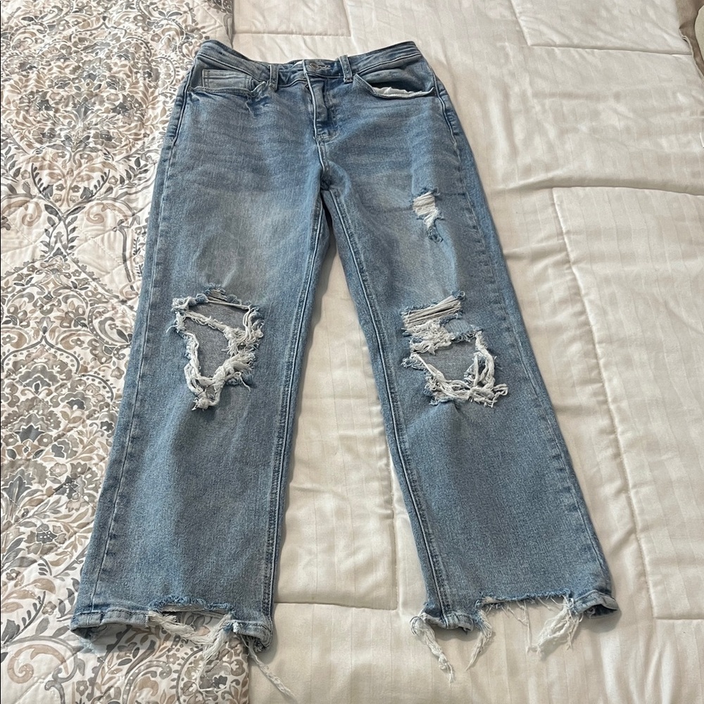 Light Blue Distressed Wide-Leg Jeans